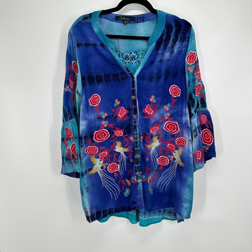 Caleeas Womens 1X‎ Blue Embroidered Bird Rose Bell Sleeve Tunic Top Artsy